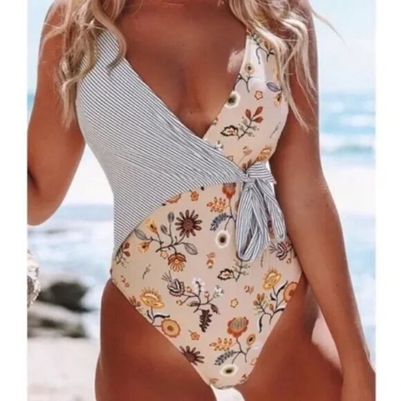 CupShe NEW Boho Floral Striped Wrap Swim One Piece Bathing Suit Size S - Picture 1 of 11